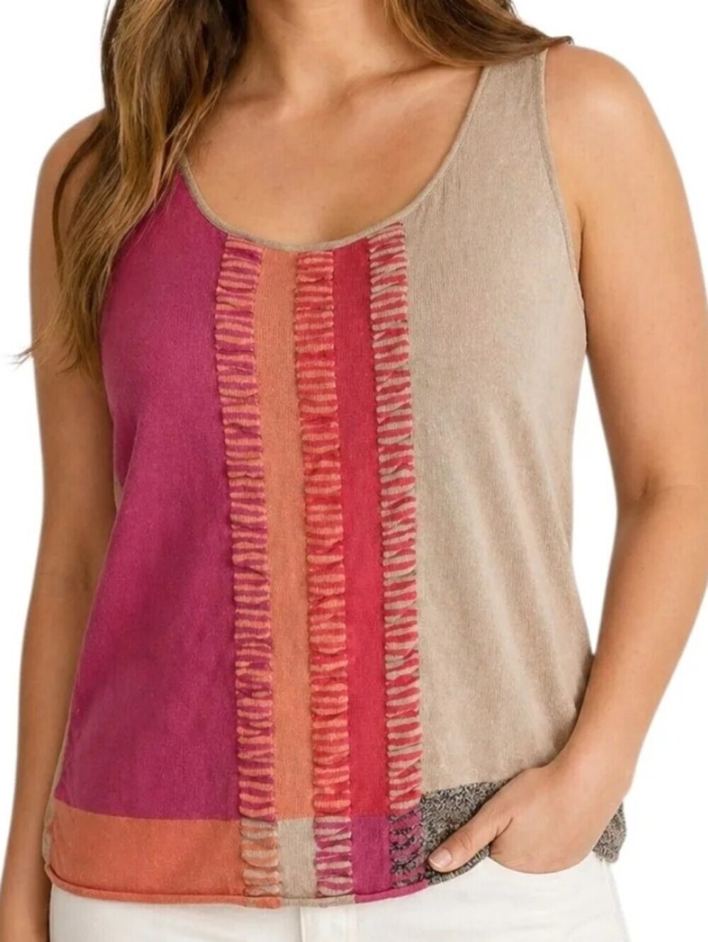 Nic Zoe Ladder Stitch Tank Women XL Pink Beige Colorblock